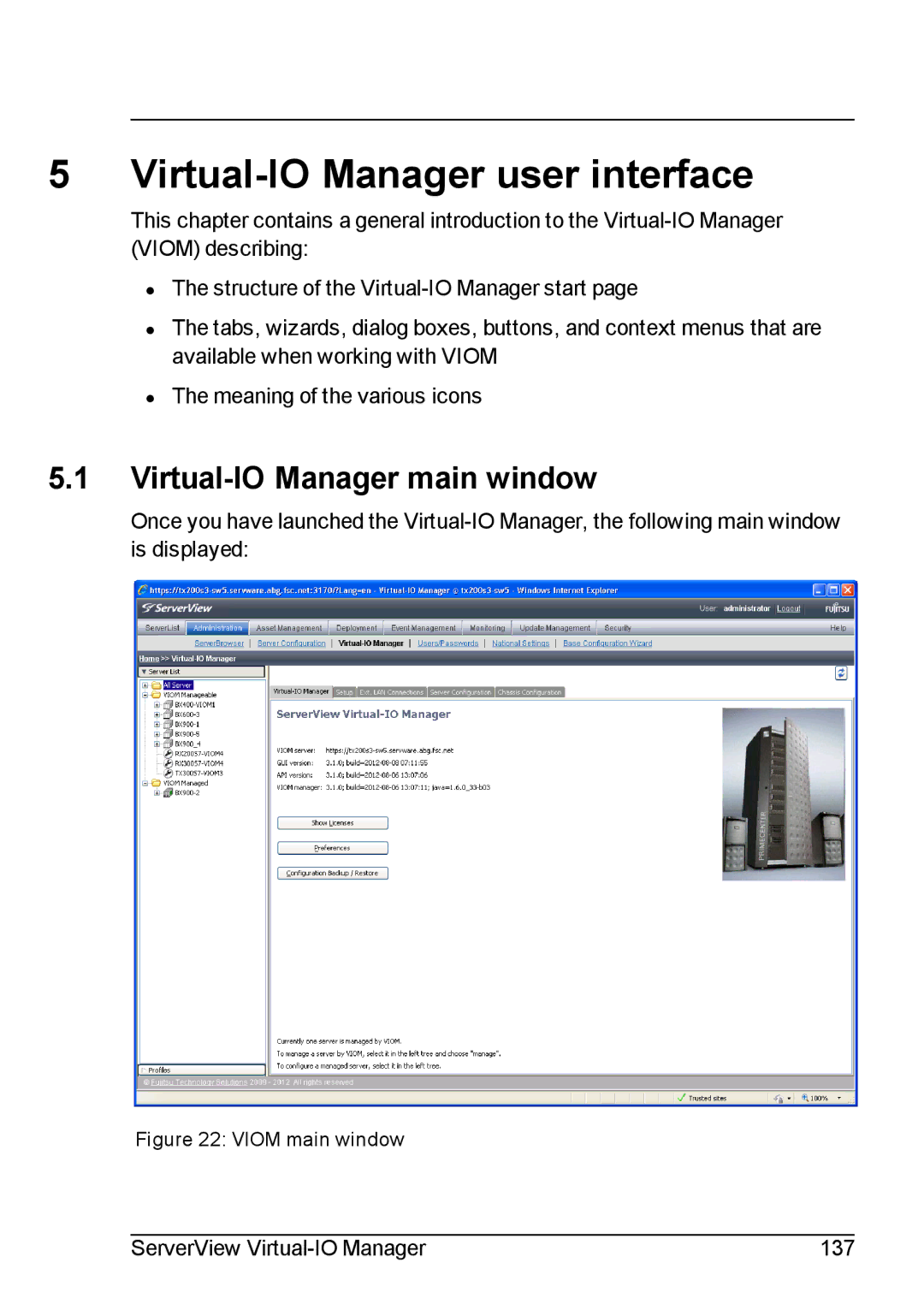 Fujitsu V3.1 manual Virtual-IO Manager user interface, Virtual-IO Manager main window 