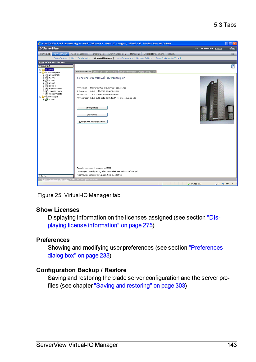 Fujitsu V3.1 manual Show Licenses, Preferences, Configuration Backup / Restore 