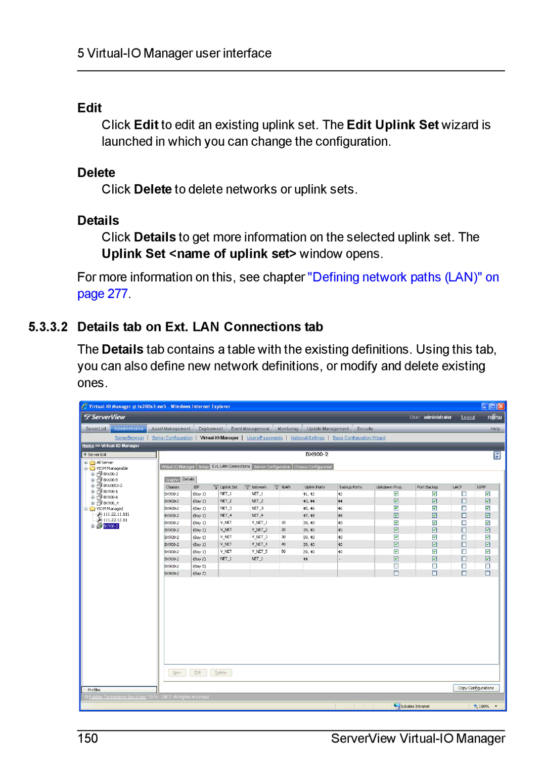 Fujitsu V3.1 manual Edit, Delete, Details tab on Ext. LAN Connections tab 