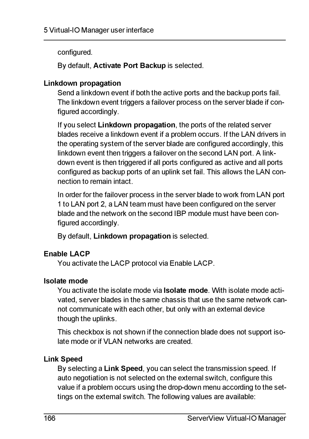 Fujitsu V3.1 manual Linkdown propagation, Enable Lacp, Isolate mode, Link Speed 