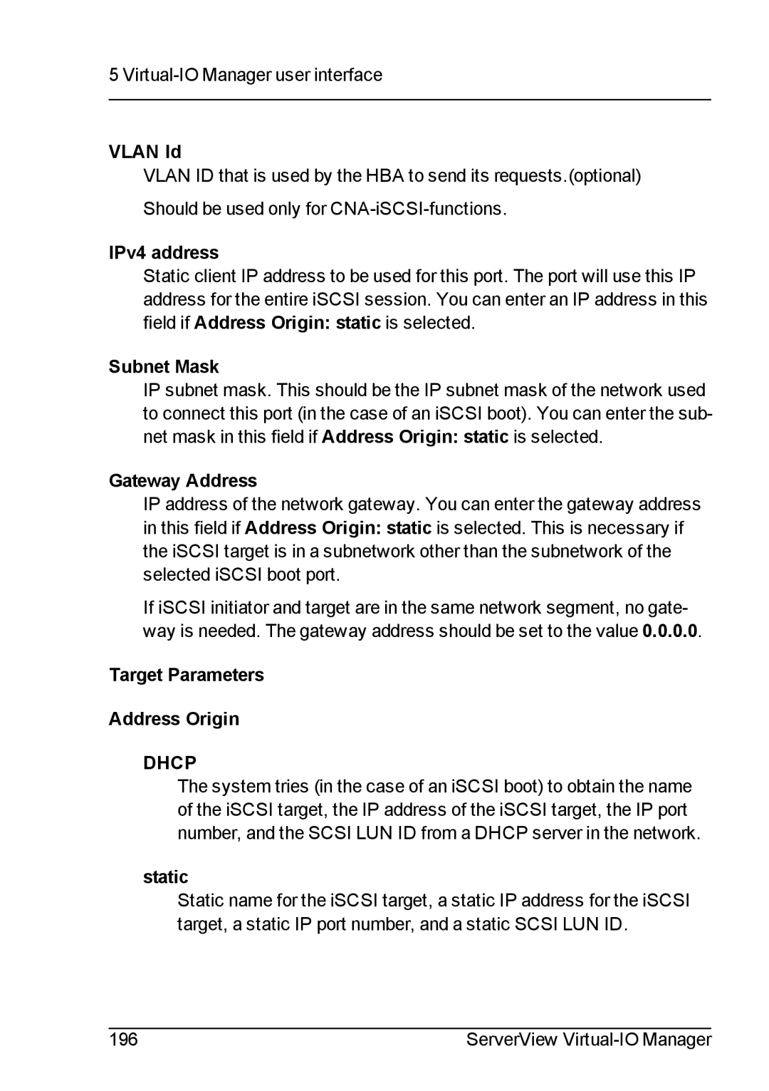 Fujitsu V3.1 manual IPv4 address, Subnet Mask, Gateway Address, Target Parameters Address Origin 