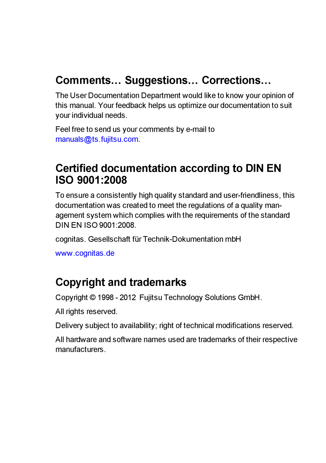 Fujitsu V3.1 manual Comments… Suggestions… Corrections…, Certified documentation according to DIN EN ISO 