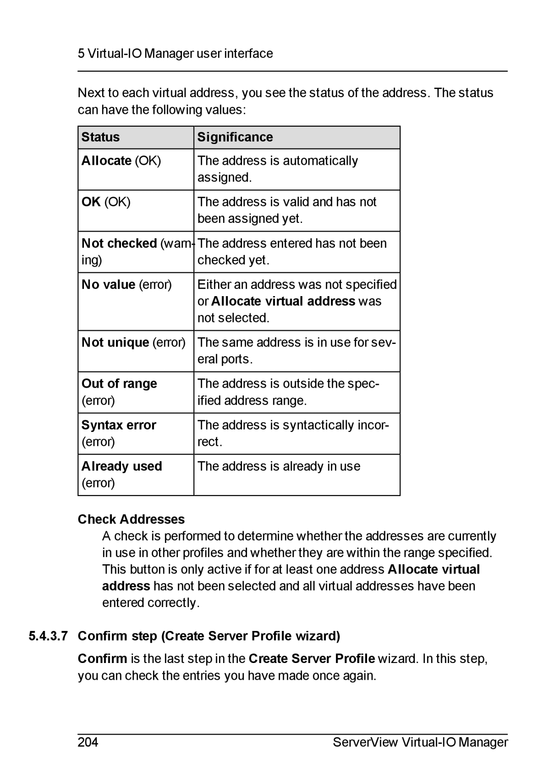 Fujitsu V3.1 manual Status Significance Allocate OK, No value error, Or Allocate virtual address was, Not unique error 