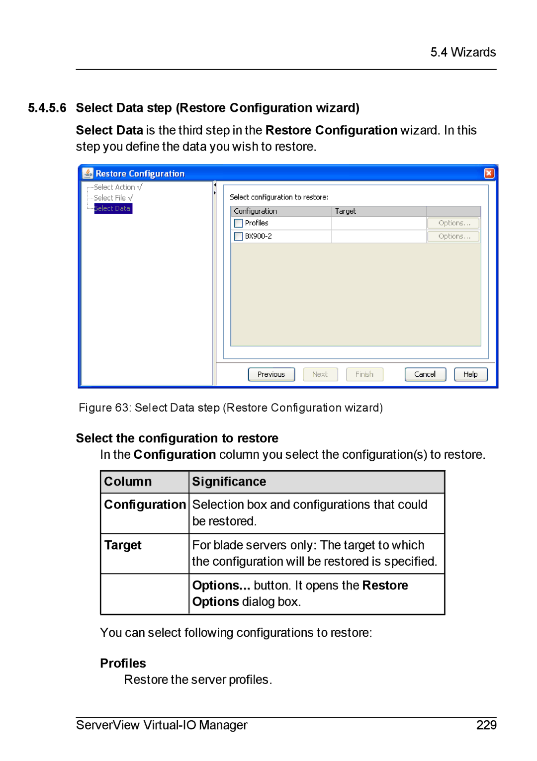 Fujitsu V3.1 manual Select Data step Restore Configuration wizard, Select the configuration to restore, Options dialog box 