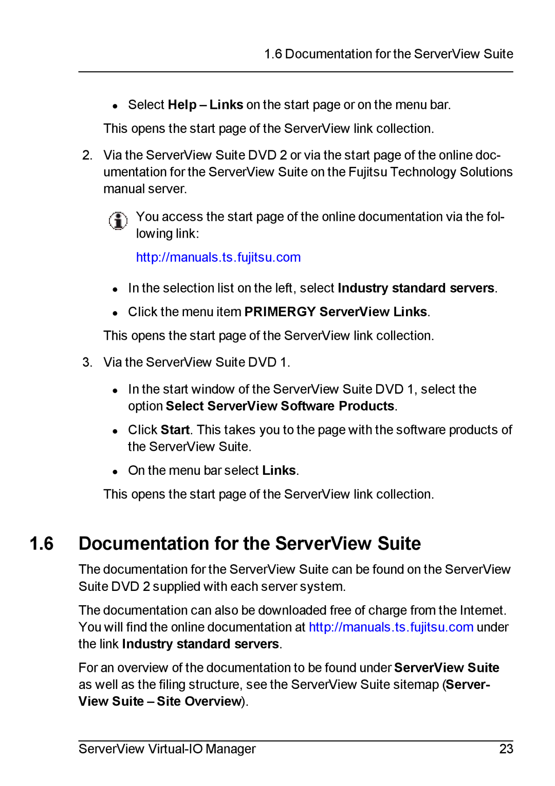 Fujitsu V3.1 manual Documentation for the ServerView Suite, Click the menu item Primergy ServerView Links 