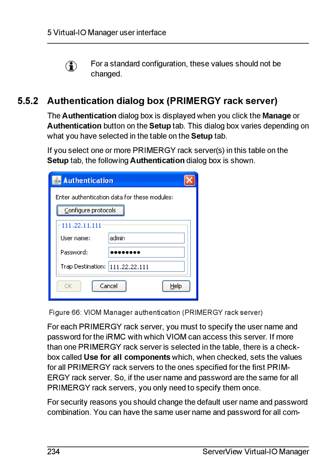 Fujitsu V3.1 manual Authentication dialog box Primergy rack server, Viom Manager authentication Primergy rack server 