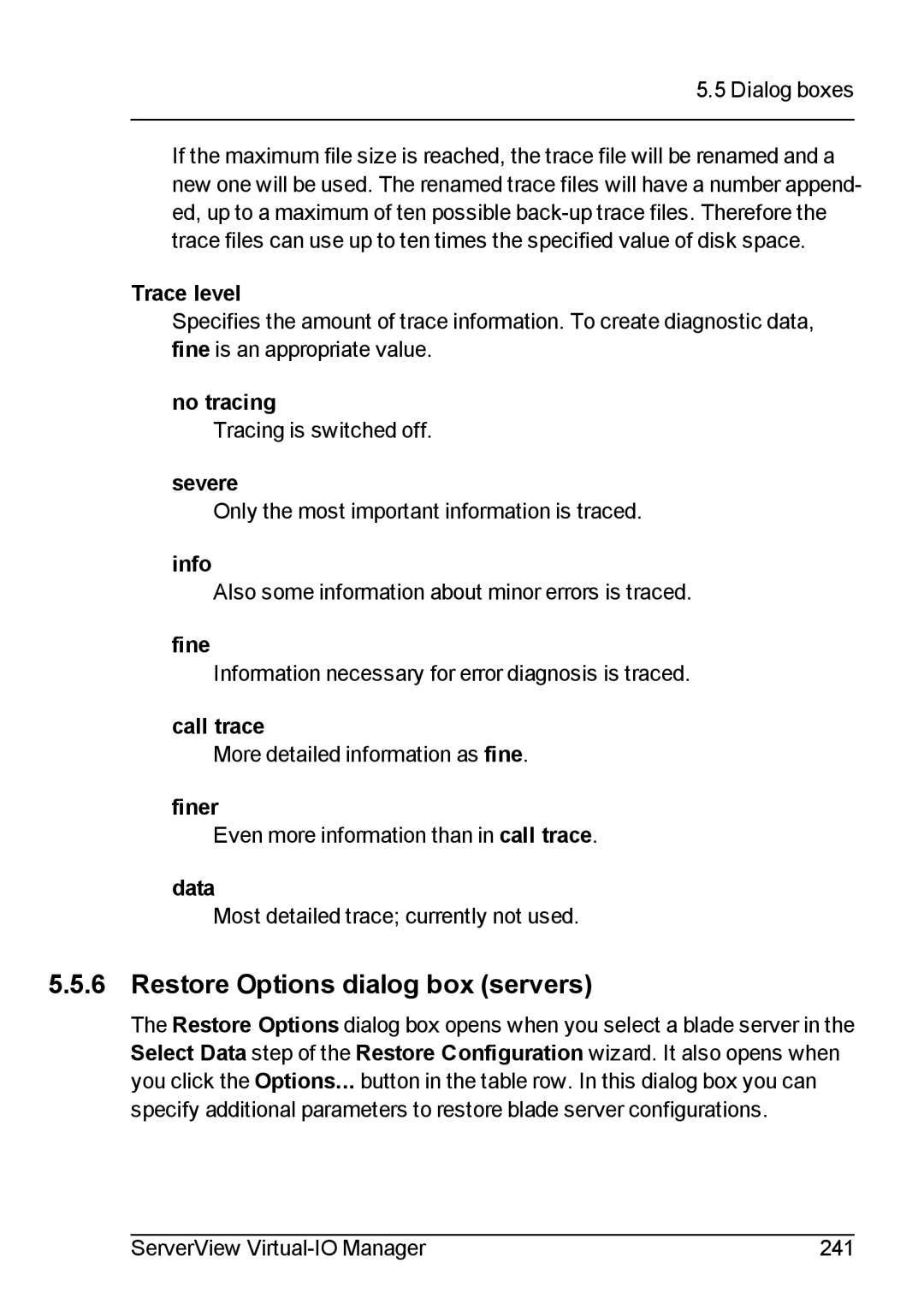 Fujitsu V3.1 manual Restore Options dialog box servers 