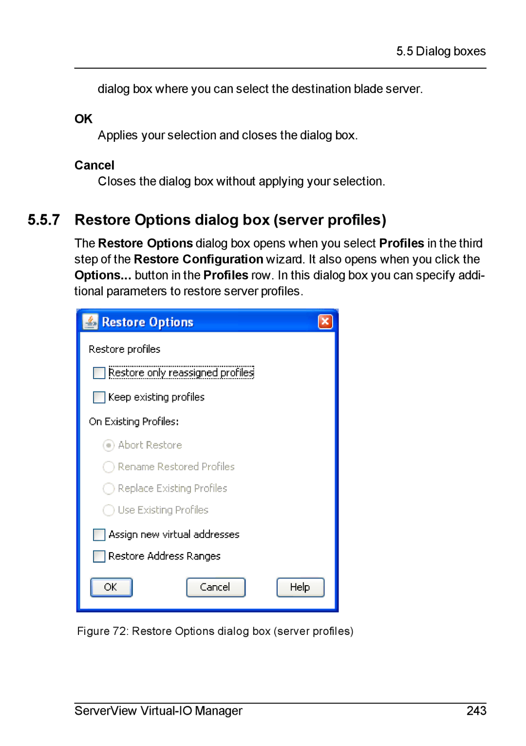 Fujitsu V3.1 manual Restore Options dialog box server profiles 