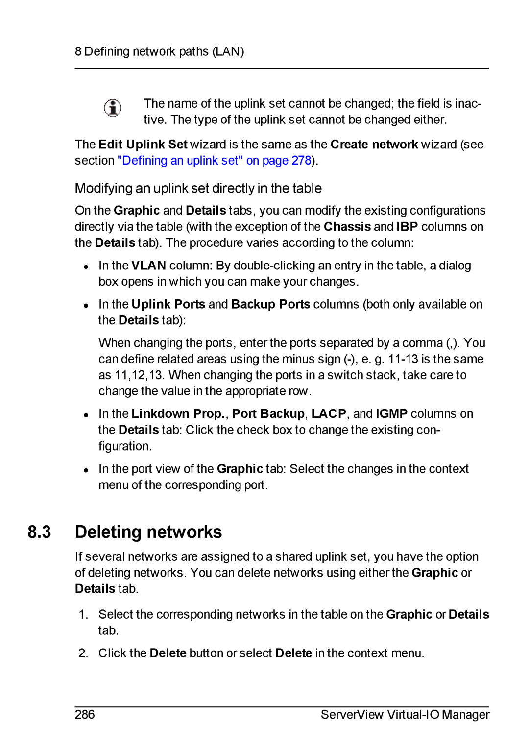 Fujitsu V3.1 manual Deleting networks, Modifying an uplink set directly in the table 