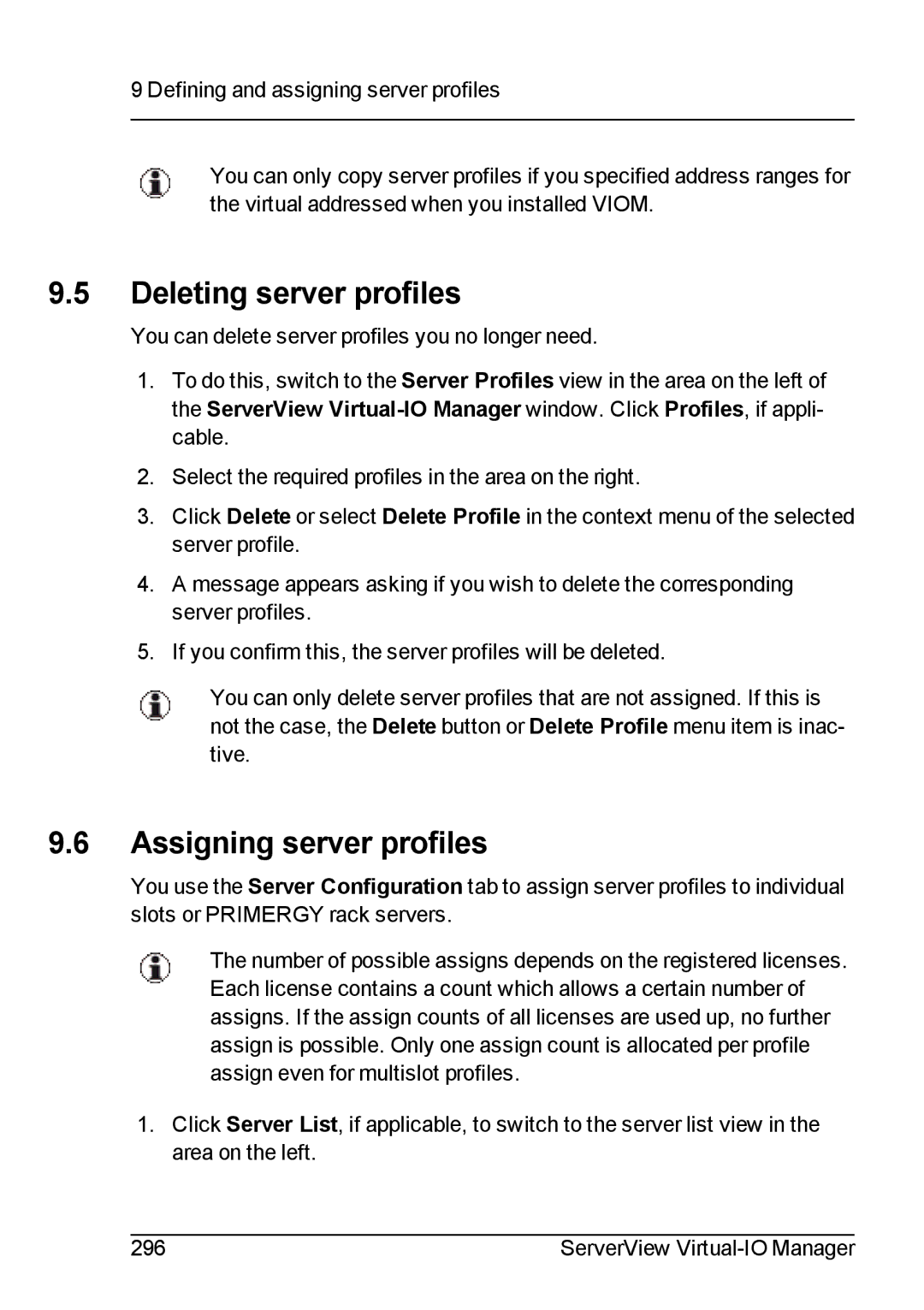 Fujitsu V3.1 manual Deleting server profiles, Assigning server profiles 