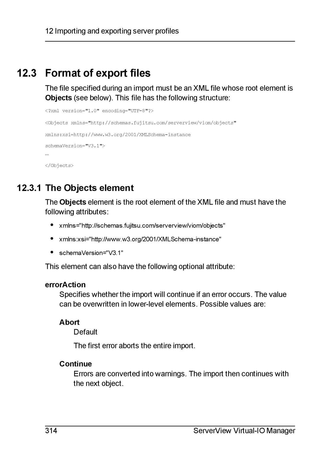 Fujitsu V3.1 manual Format of export files, Objects element, ErrorAction, Abort, Continue 