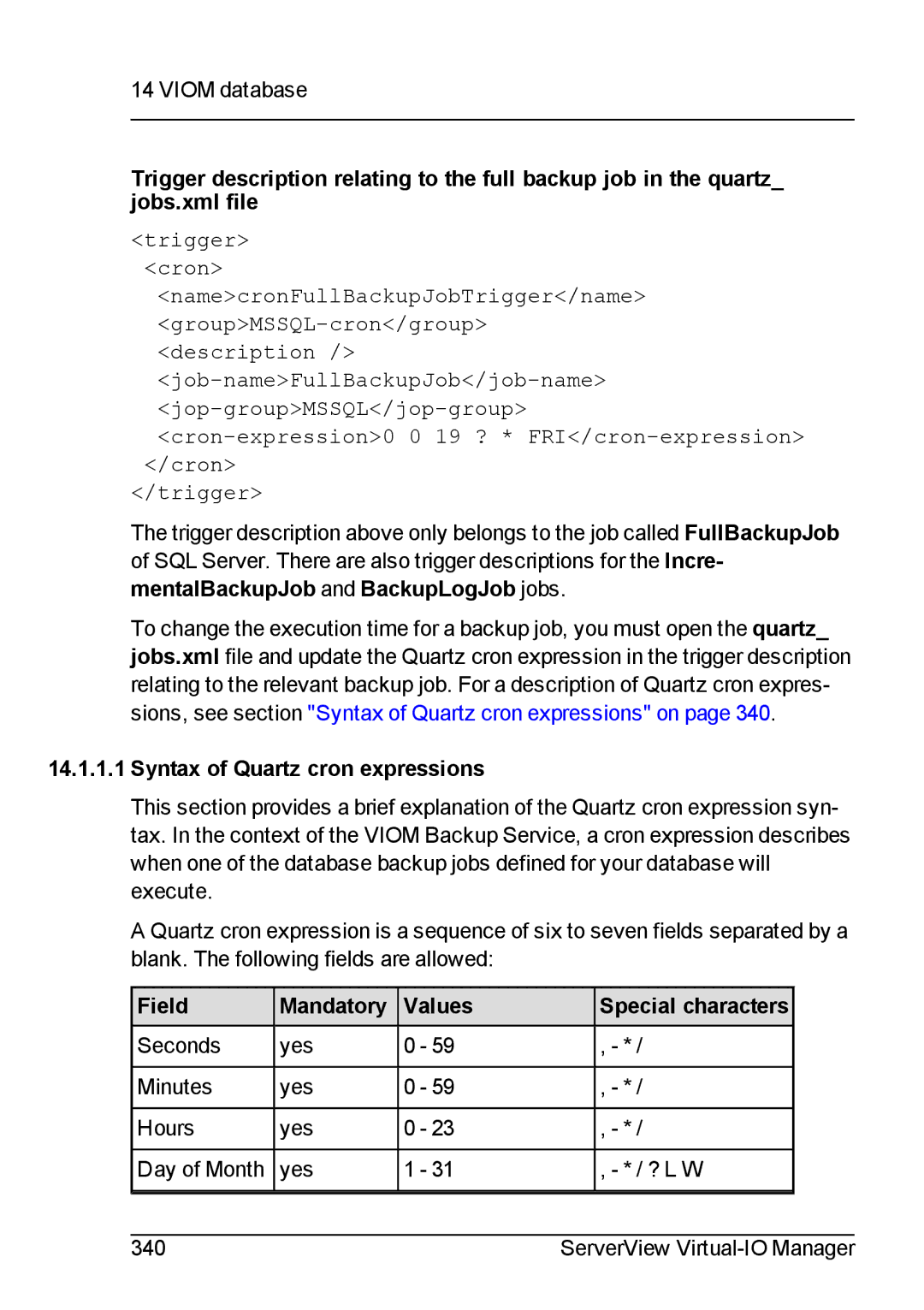 Fujitsu V3.1 manual Syntax of Quartz cron expressions, Field Mandatory Values 