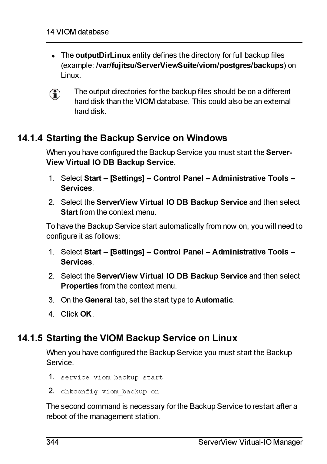 Fujitsu V3.1 manual Starting the Backup Service on Windows, Starting the Viom Backup Service on Linux 