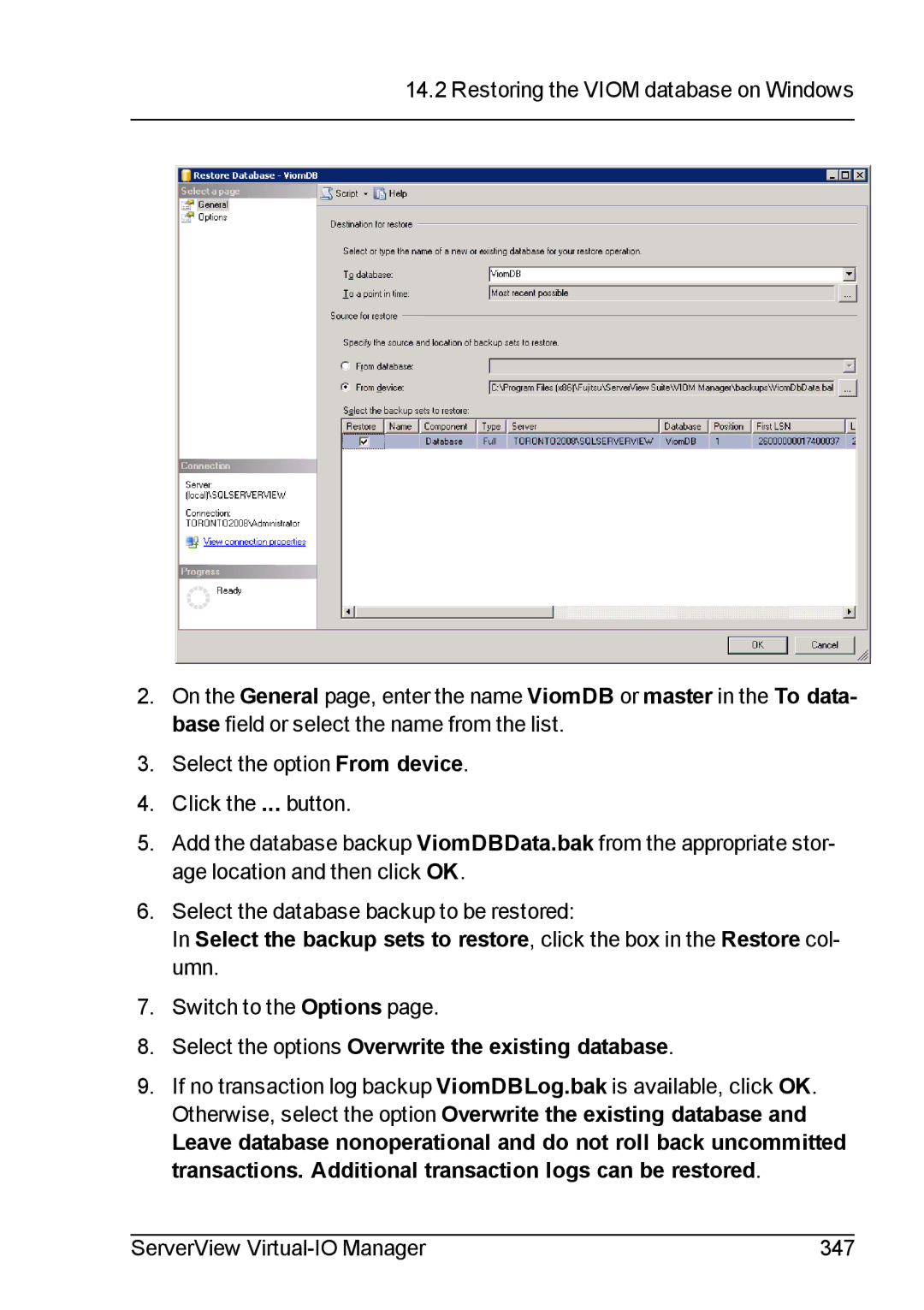 Fujitsu V3.1 manual Select the options Overwrite the existing database 