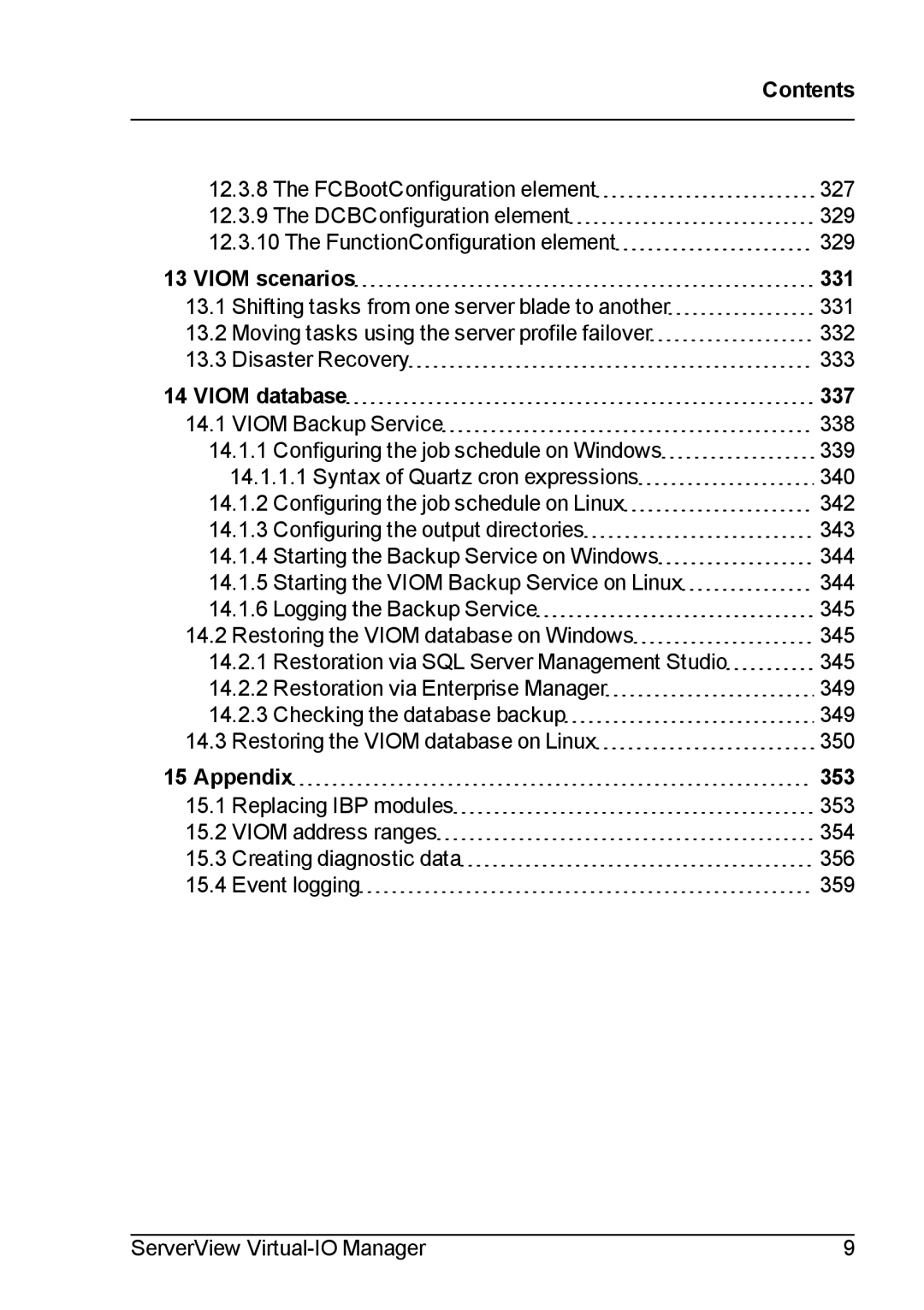 Fujitsu V3.1 manual Viom scenarios 331, Viom database 337, Appendix 353 