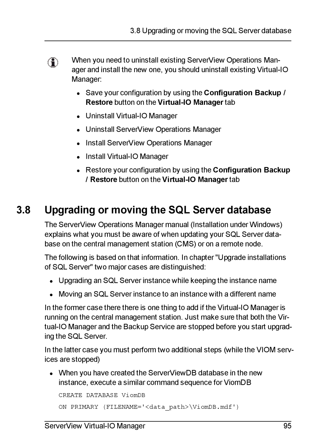 Fujitsu V3.1 manual Upgrading or moving the SQL Server database 