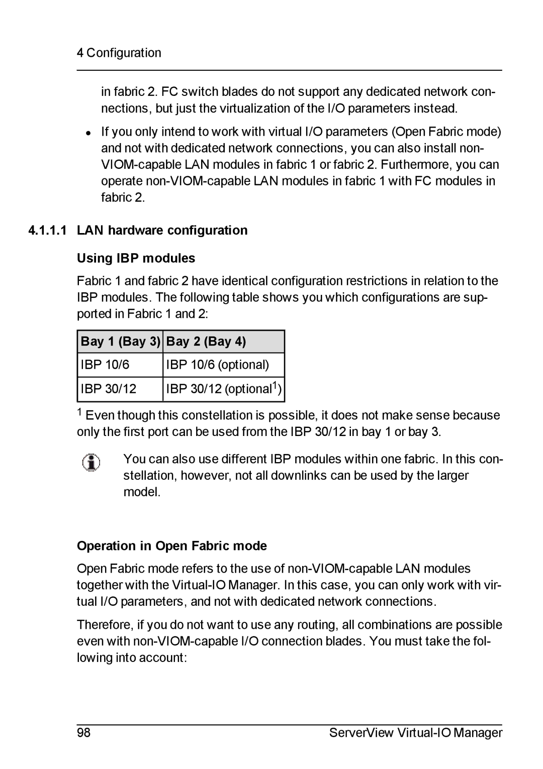 Fujitsu V3.1 manual LAN hardware configuration Using IBP modules, Bay 1 Bay 3 Bay 2 Bay, Operation in Open Fabric mode 