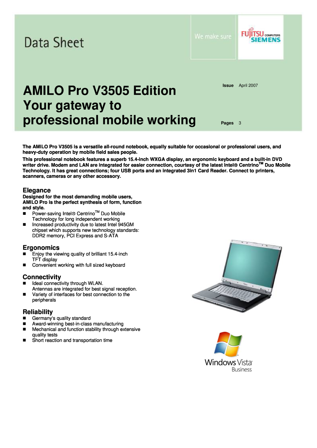 Fujitsu manual AMILO Pro V3505 Edition Your gateway to professional mobile working, Elegance, Ergonomics, Connectivity 