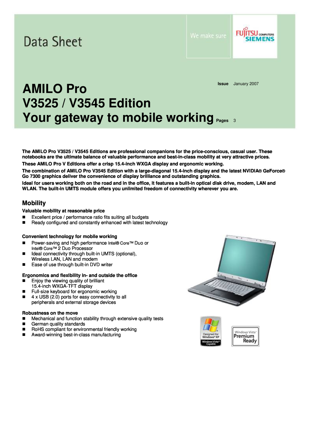 Fujitsu manual AMILO Pro, V3525 / V3545 Edition, Your gateway to mobile working Pages, Mobility 