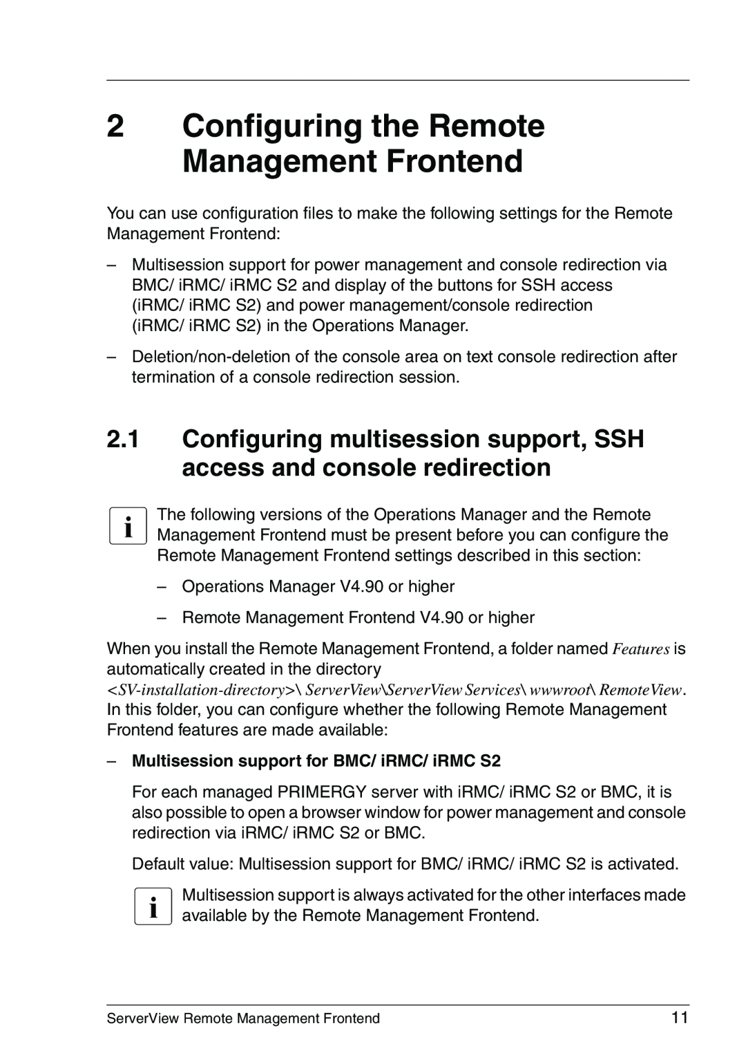 Fujitsu V4.90 manual Configuring the Remote Management Frontend, Multisession support for BMC/ iRMC/ iRMC S2 