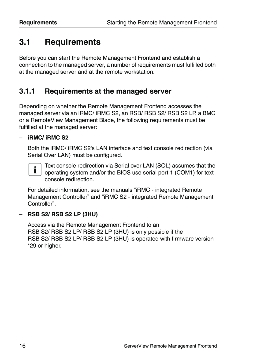Fujitsu V4.90 manual Requirements at the managed server, iRMC/ iRMC S2, RSB S2/ RSB S2 LP 3HU 