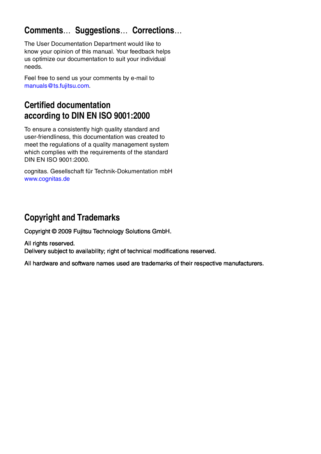 Fujitsu V4.90 manual Comments… Suggestions… Corrections…, Copyright and Trademarks 