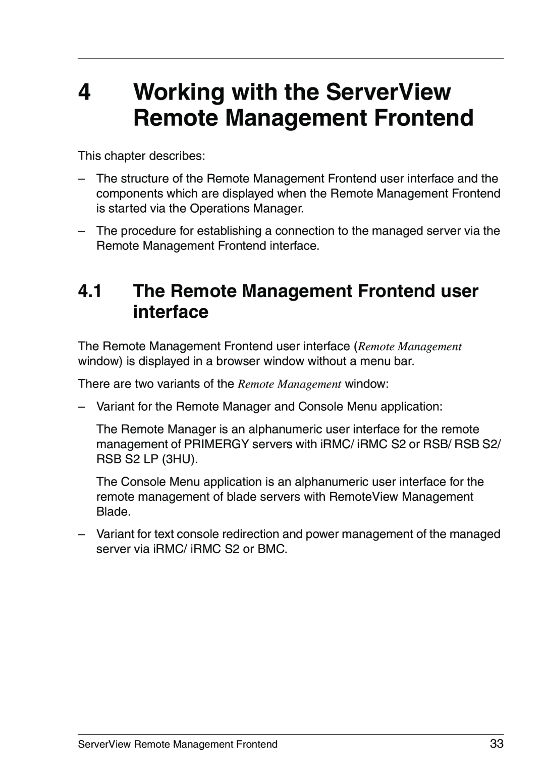 Fujitsu V4.90 manual Working with the ServerView Remote Management Frontend, The Remote Management Frontend user interface 