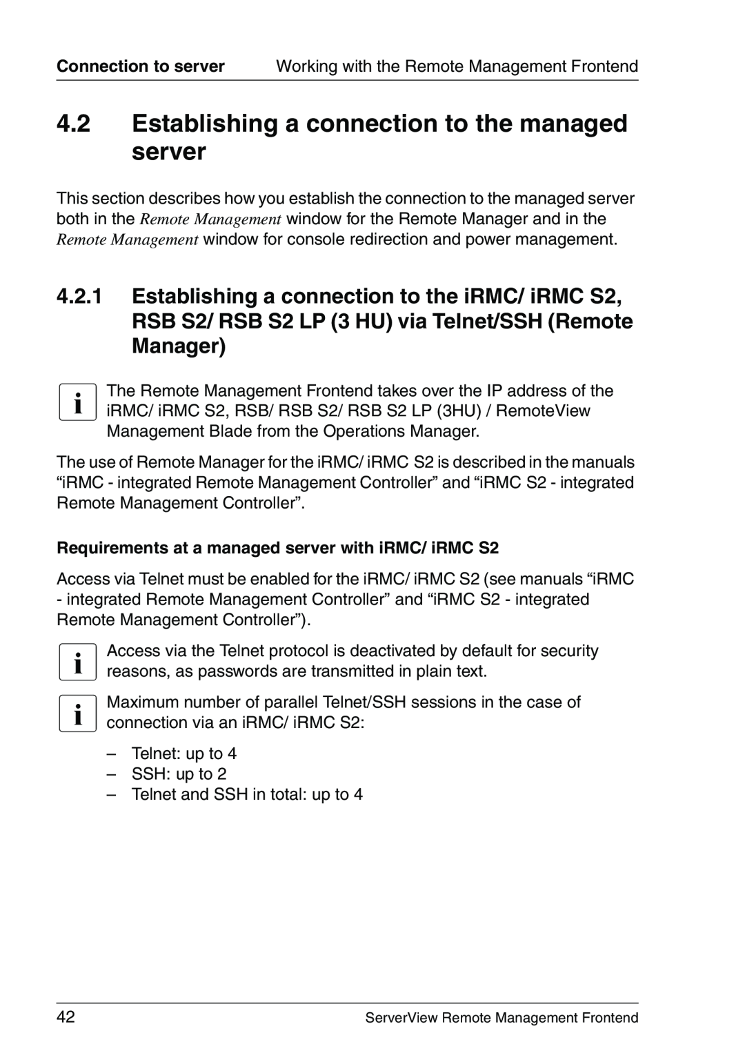 Fujitsu V4.90 manual Establishing a connection to the managed server, Requirements at a managed server with iRMC/ iRMC S2 