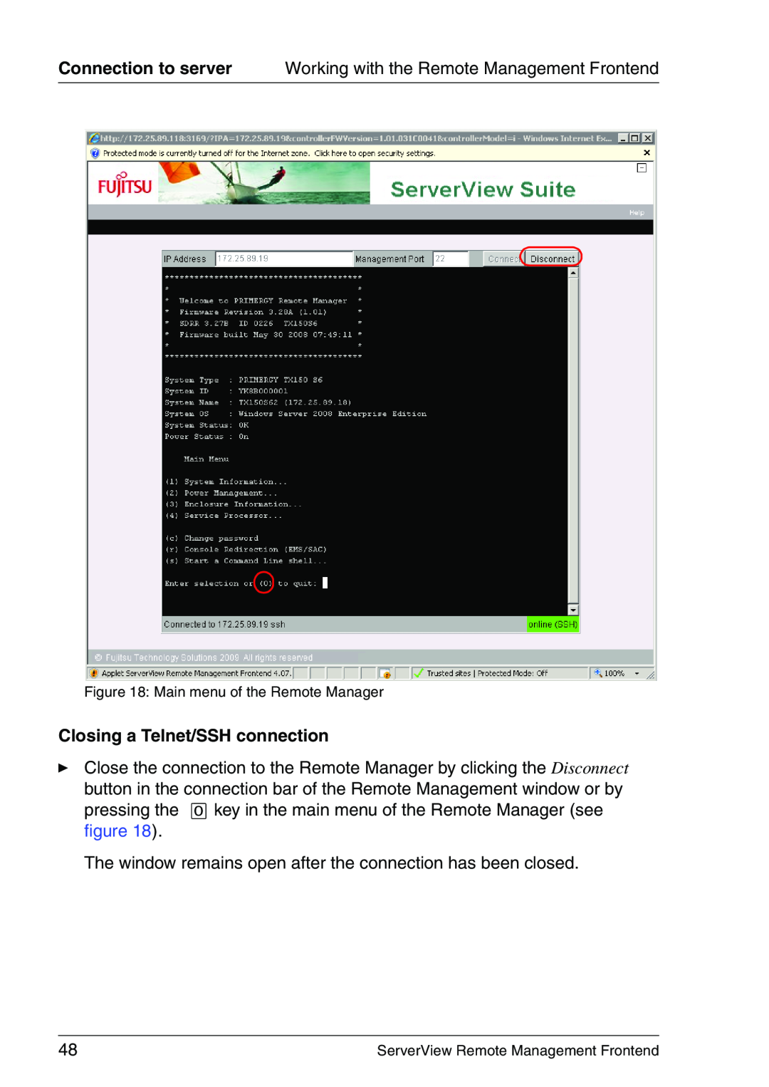 Fujitsu V4.90 manual Closing a Telnet/SSH connection, Main menu of the Remote Manager 