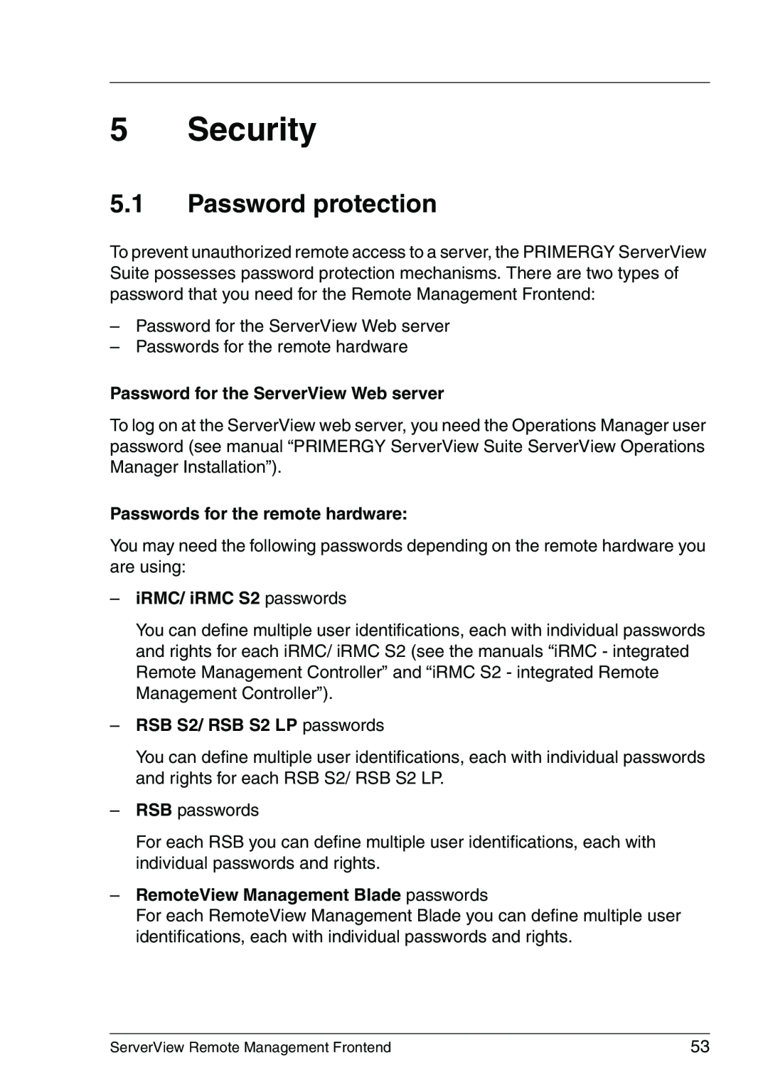 Fujitsu V4.90 Security, Password protection, Password for the ServerView Web server, Passwords for the remote hardware 