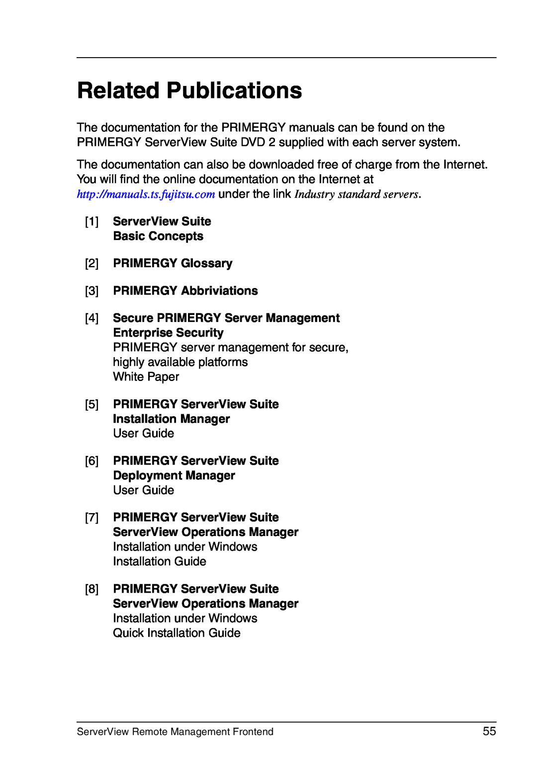 Fujitsu V4.90 manual Related Publications, PRIMERGY Glossary 3 PRIMERGY Abbriviations 
