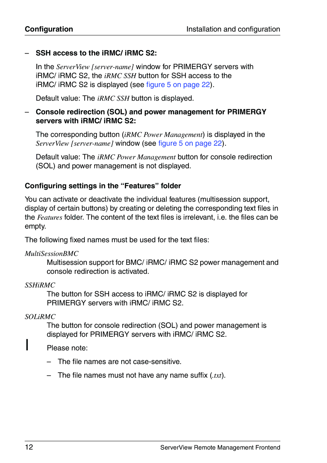 Fujitsu V4.90 manual SSH access to the iRMC/ iRMC S2, Configuring settings in the Features folder 