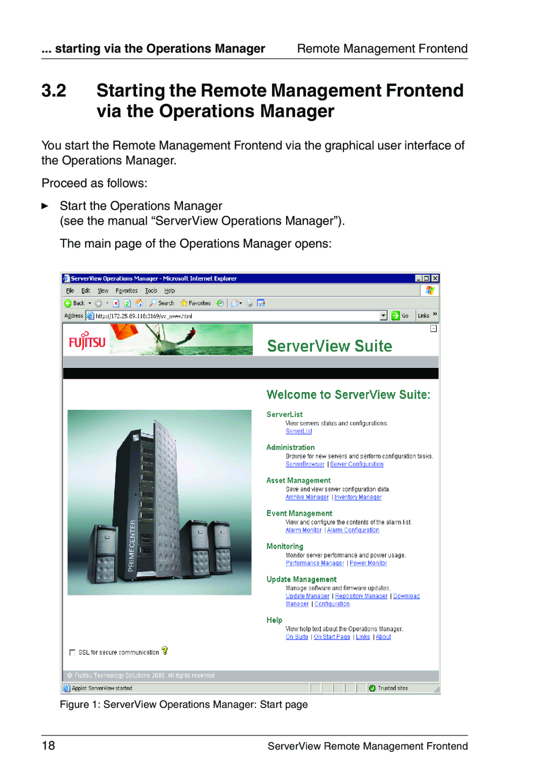 Fujitsu V4.90 manual Starting via the Operations Manager, ServerView Operations Manager Start 