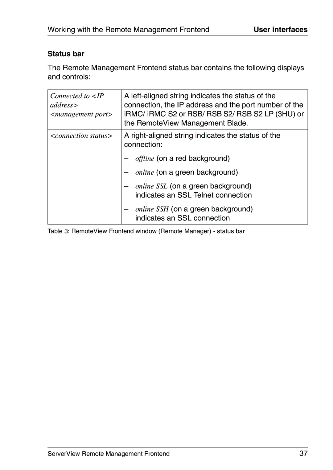 Fujitsu V4.90 manual Status bar, Left-aligned string indicates the status 