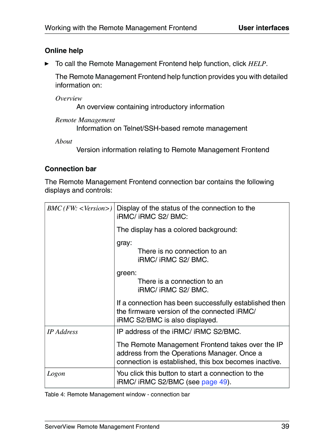 Fujitsu V4.90 manual Display of the status of the connection to 