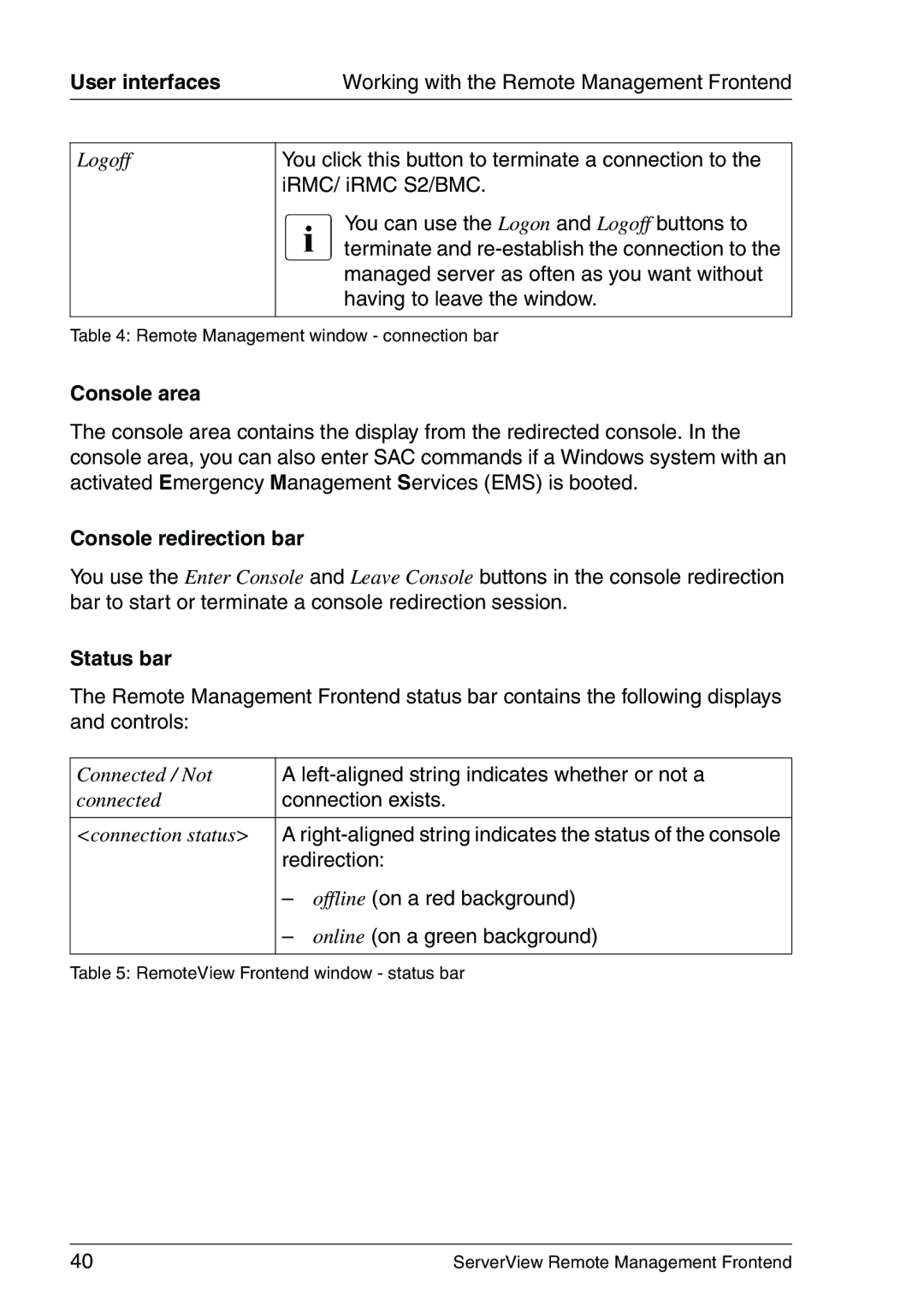 Fujitsu V4.90 manual Console area, Console redirection bar 