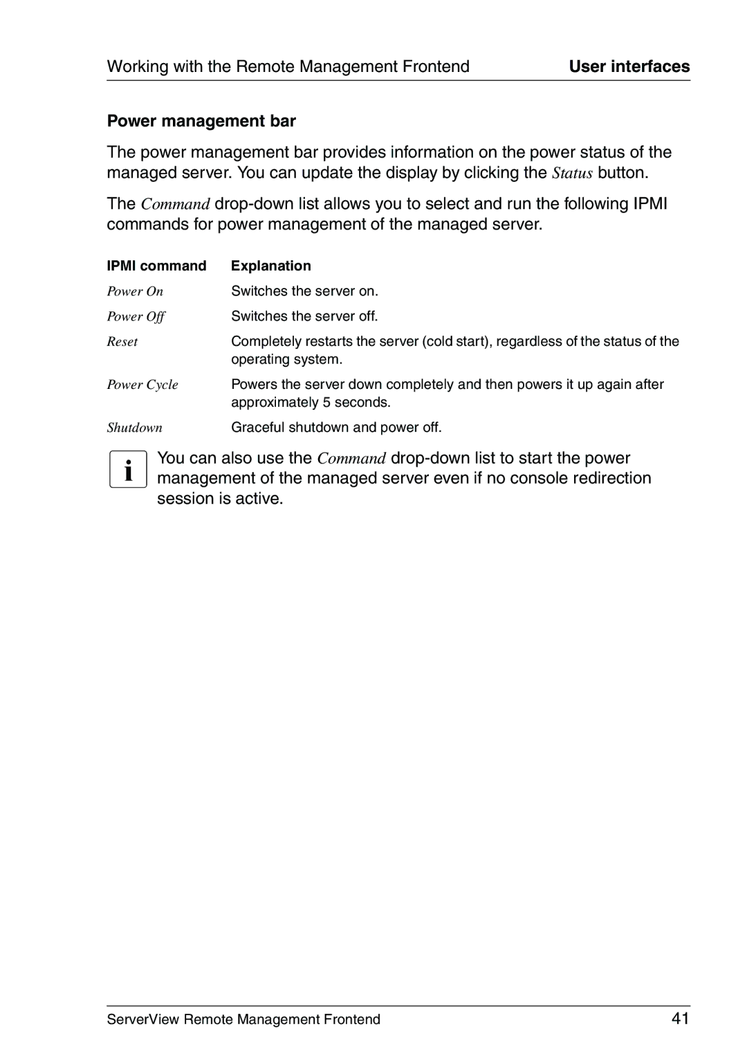 Fujitsu V4.90 manual Power management bar, Ipmi command Explanation 