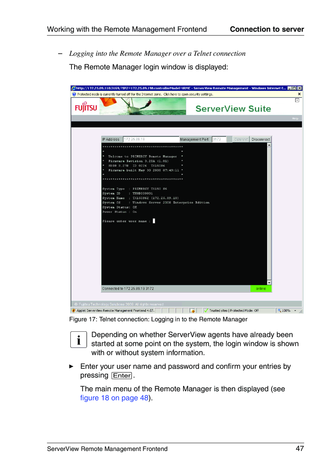 Fujitsu V4.90 manual Remote Manager login window is displayed 