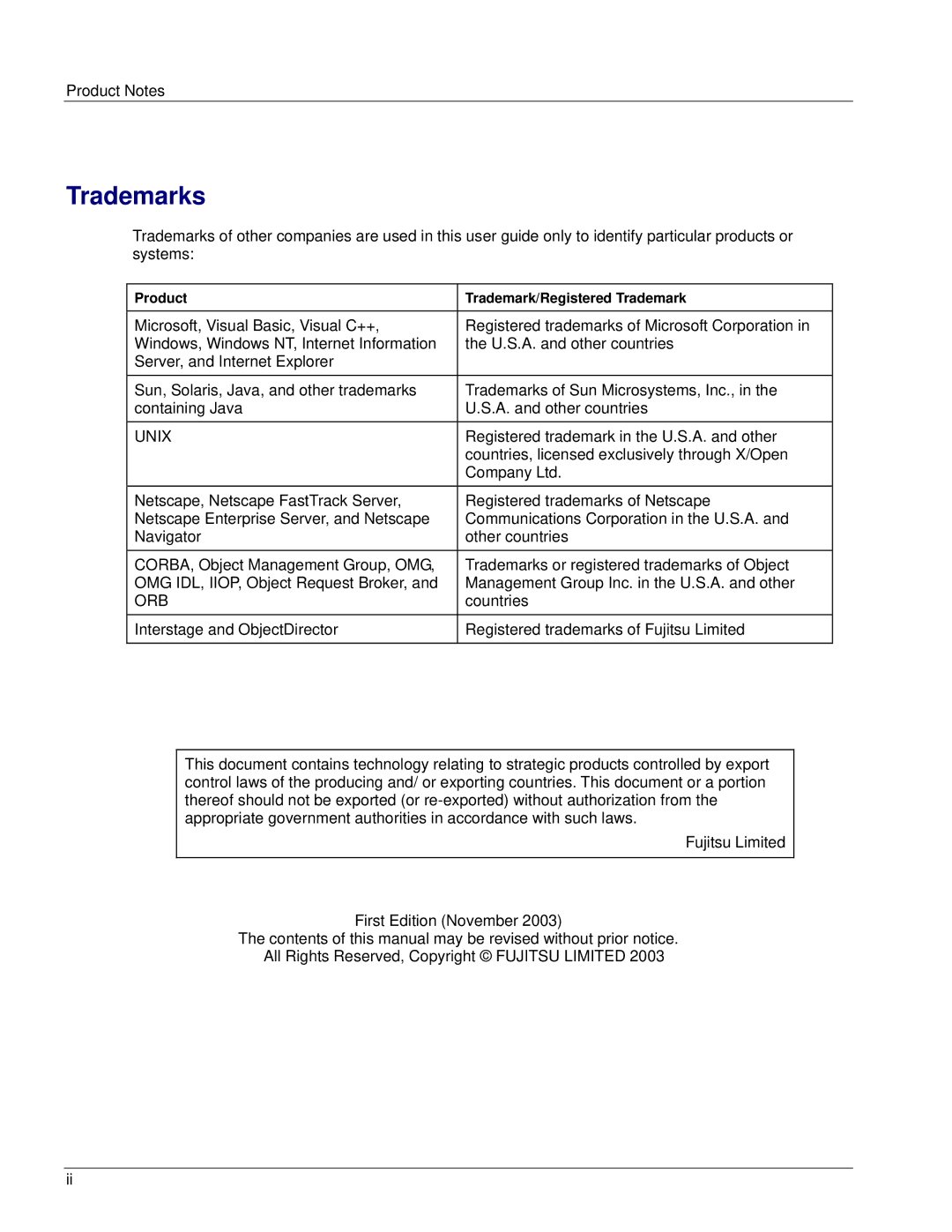 Fujitsu V6.0 manual Trademarks, Unix 