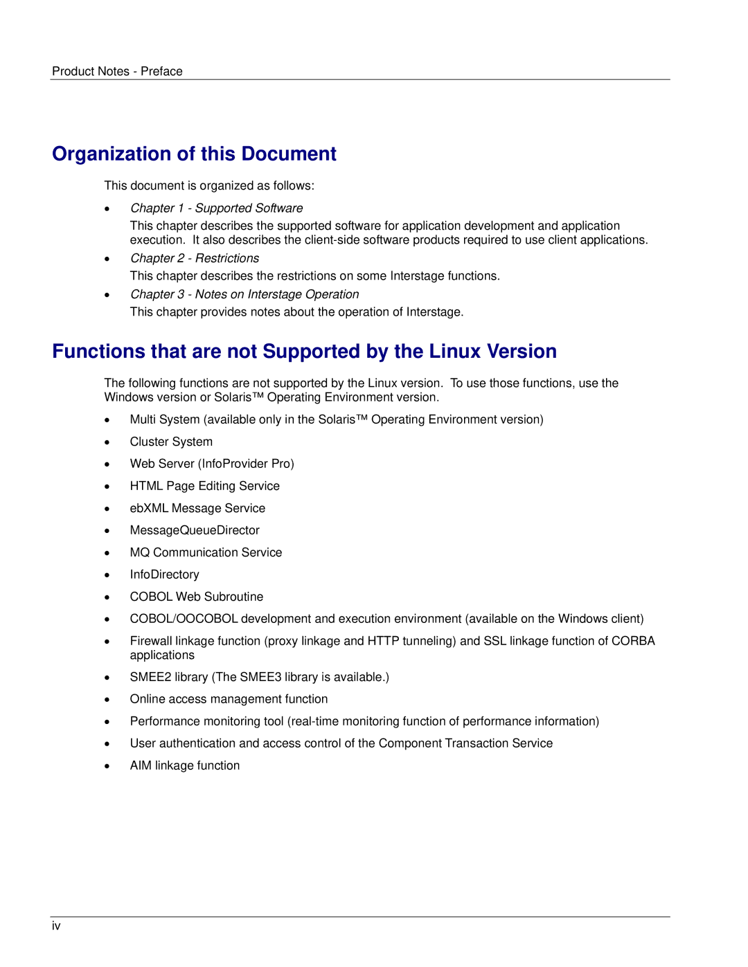 Fujitsu V6.0 manual Organization of this Document, Functions that are not Supported by the Linux Version 