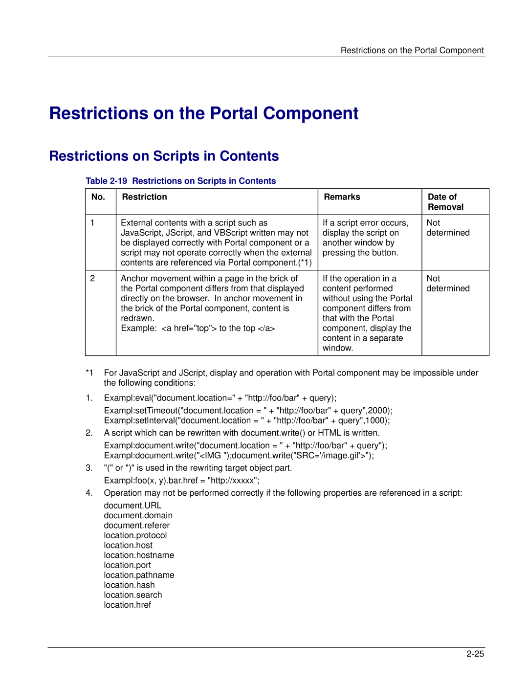 Fujitsu V6.0 manual Restrictions on the Portal Component, Restrictions on Scripts in Contents 