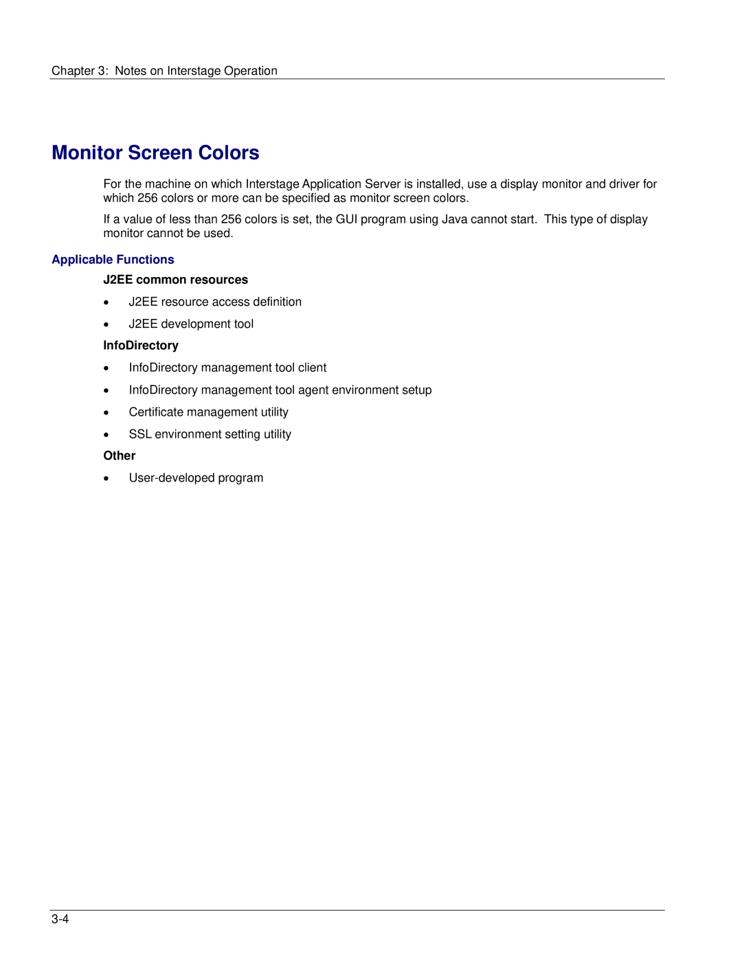 Fujitsu V6.0 manual Monitor Screen Colors, Applicable Functions, J2EE common resources, InfoDirectory, Other 