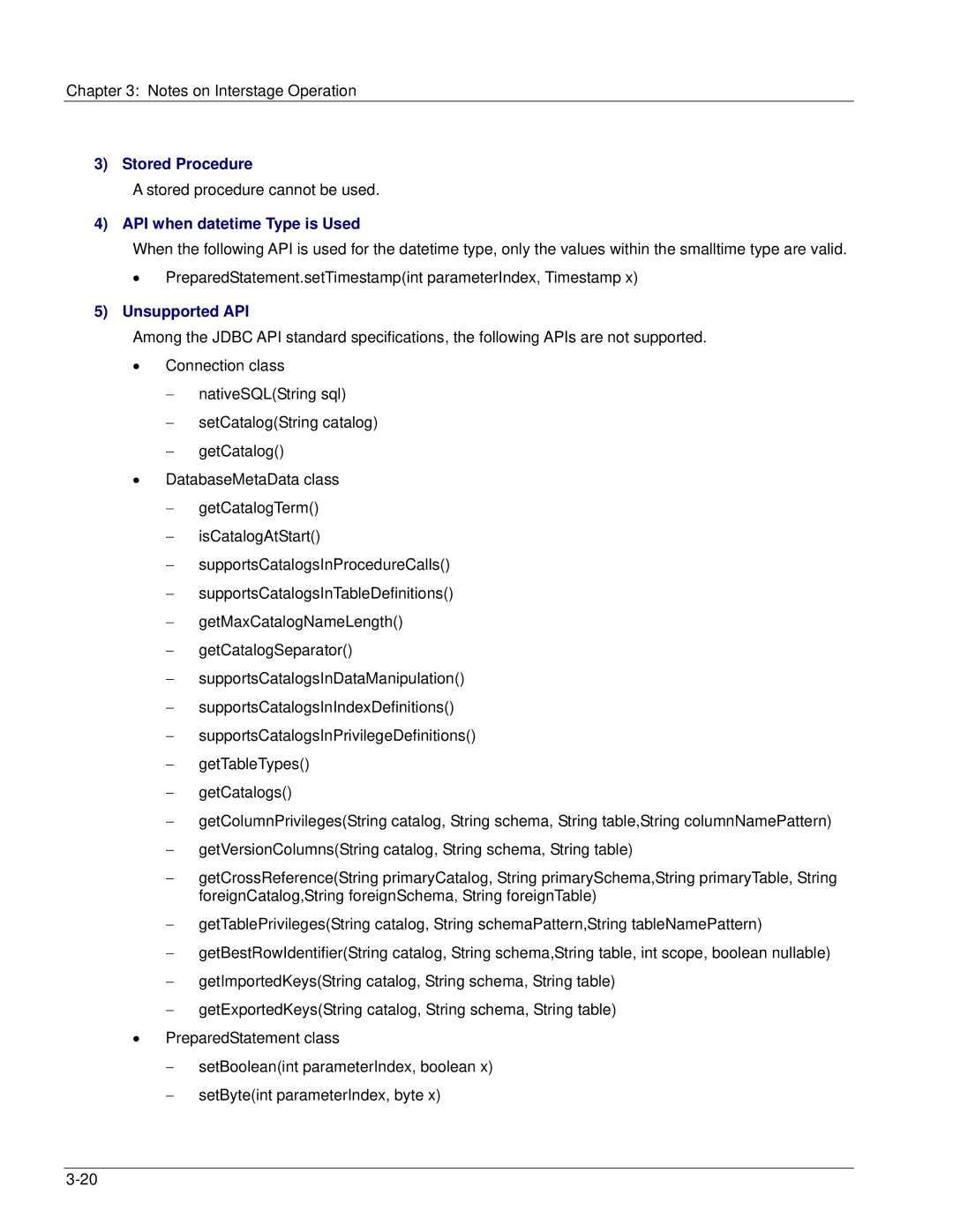 Fujitsu V6.0 manual Stored Procedure, API when datetime Type is Used, Unsupported API 