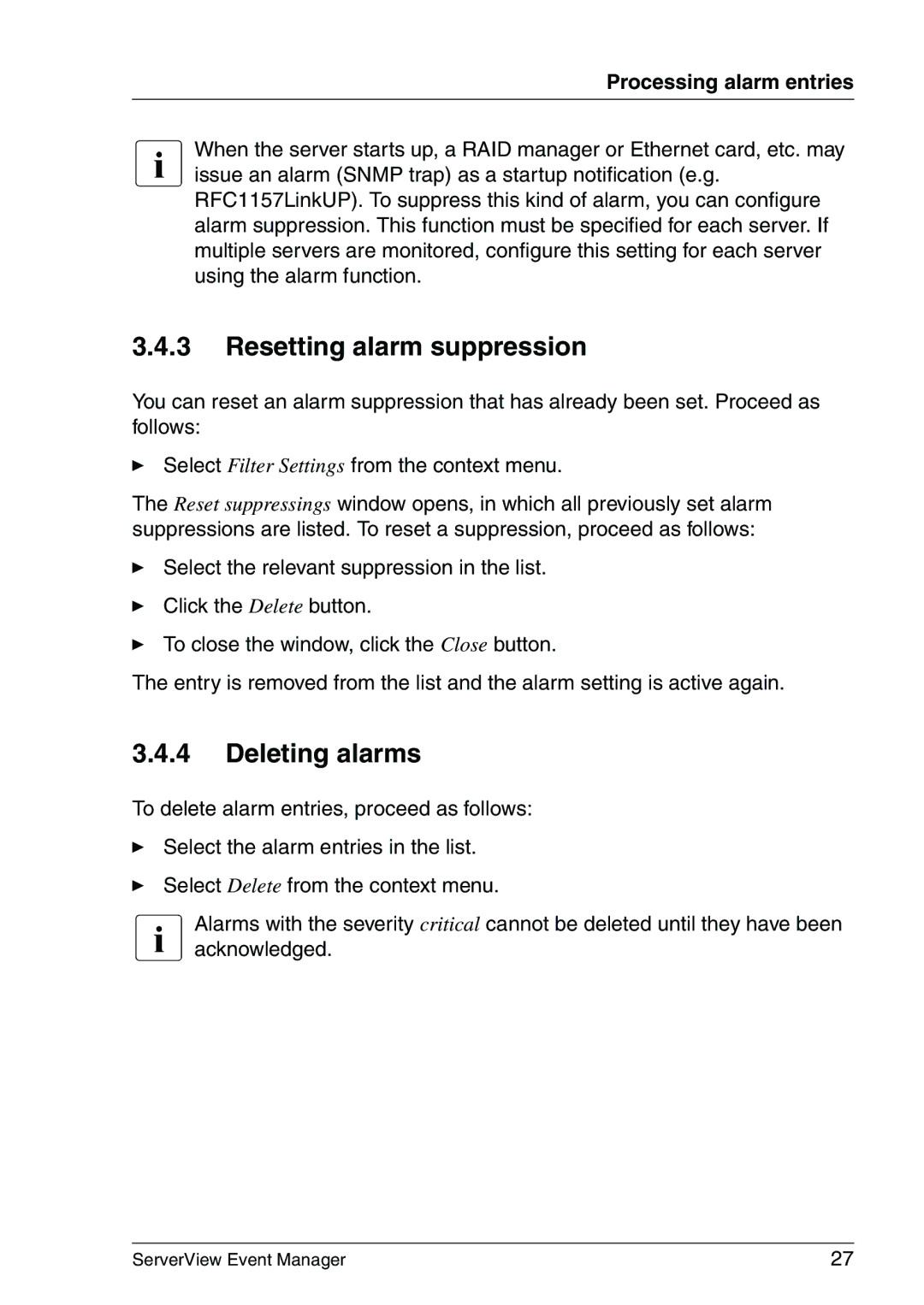 Fujitsu V6.00 manual Resetting alarm suppression, Deleting alarms 