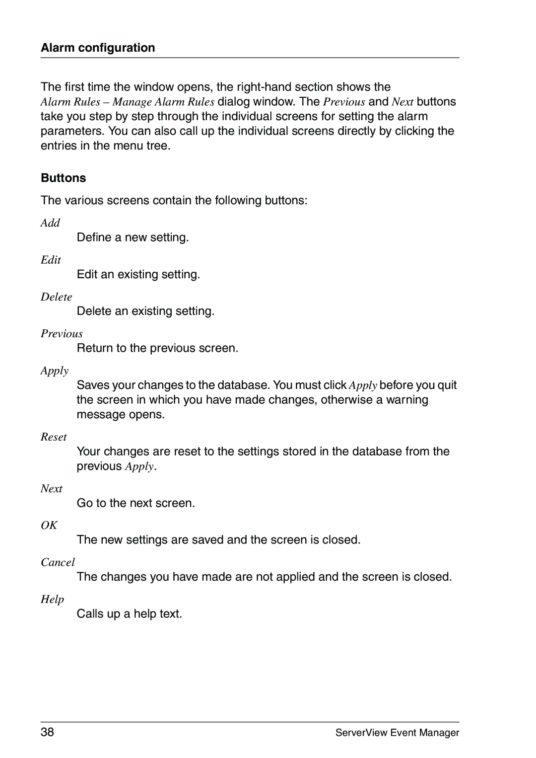 Fujitsu V6.00 manual Alarm configuration, Buttons 