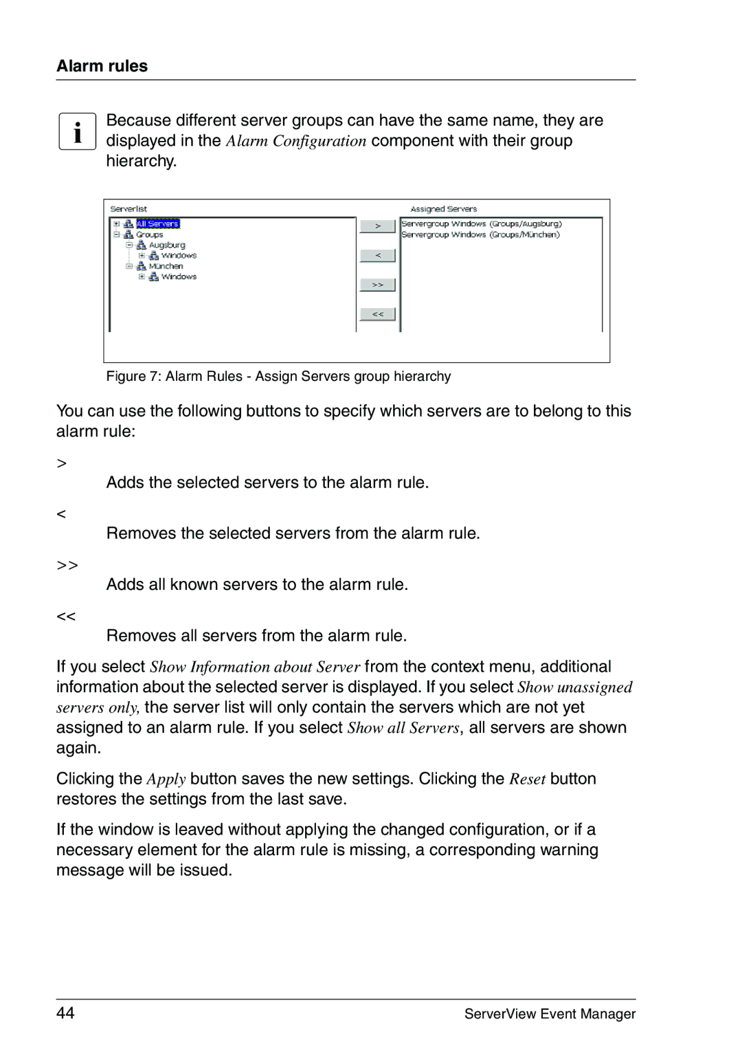 Fujitsu V6.00 manual Alarm Rules Assign Servers group hierarchy 