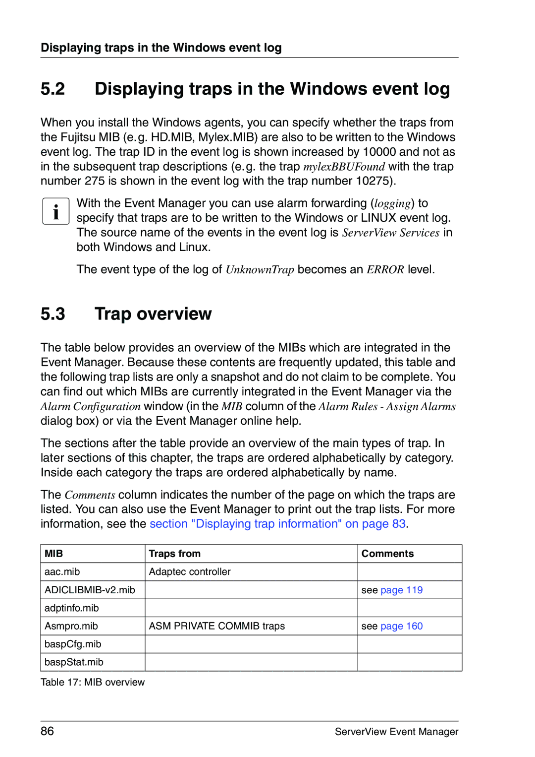 Fujitsu V6.00 manual Displaying traps in the Windows event log, Trap overview 