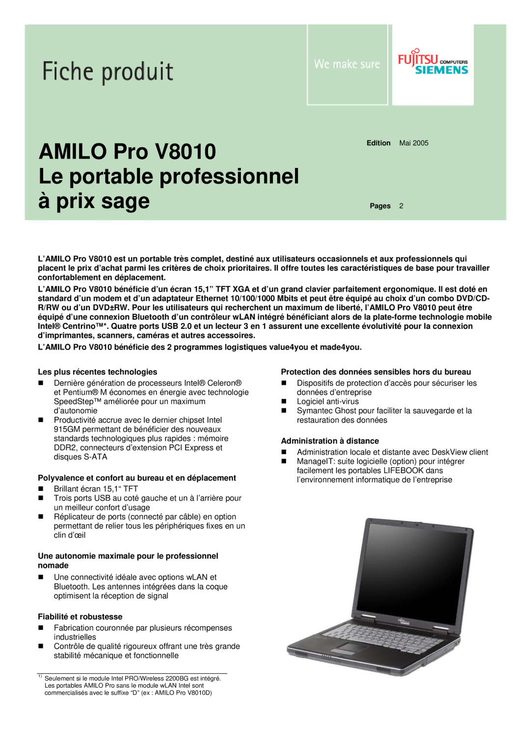 Fujitsu V8010 manual Polyvalence et confort au bureau et en déplacement, Fiabilité et robustesse 