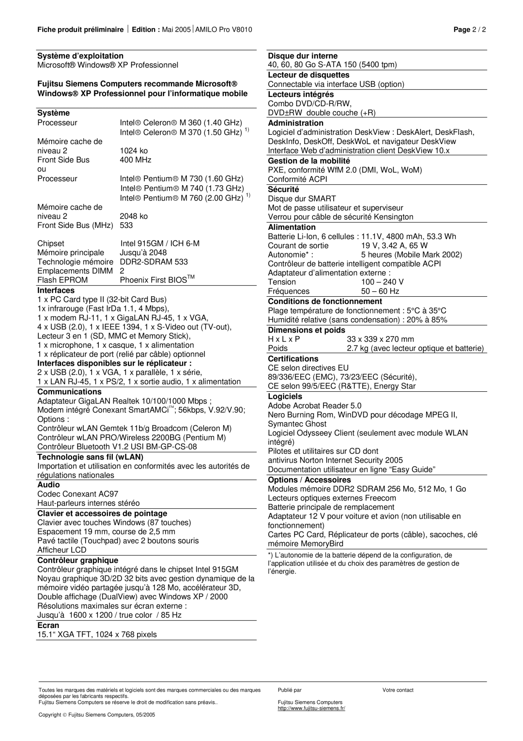 Fujitsu V8010 manual Système d’exploitation, Interfaces disponibles sur le réplicateur, Communications, Audio, Ecran 