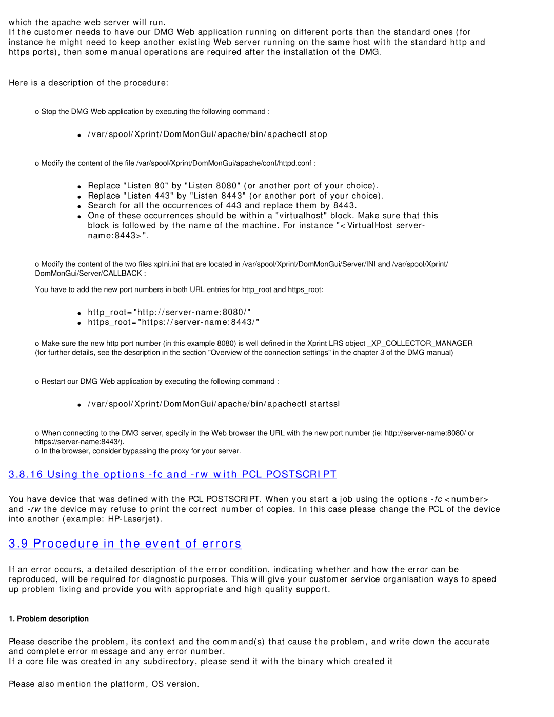 Fujitsu V8.0B10 manual Procedure in the event of errors, Using the options -fc and -rw with PCL Postscript 